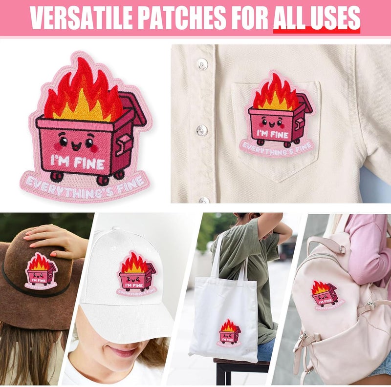 FengechoCstm I'm Fine Everything's Fine Meme Morale Patch - 3 x 2.5 Inch Pink Funny Dumpster Fire Embroidered Hook and Loop Patch for Hats, Backpack, Jackets, Dog Vest，Patch Wall, and More- 1 Pc - Image 5
